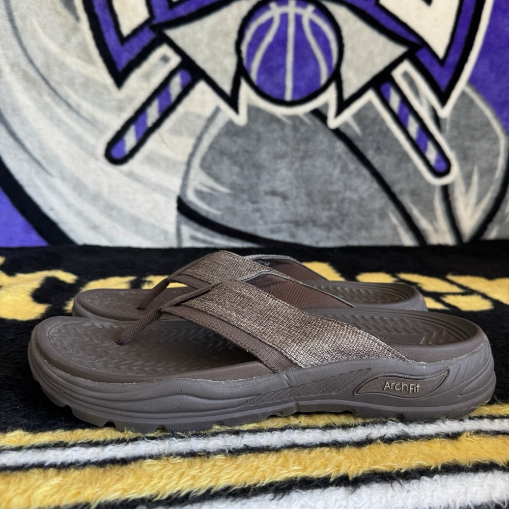 Size 12 - Skechers Arch Fit Men's Thong Sandals Brown Gray Textile Logo